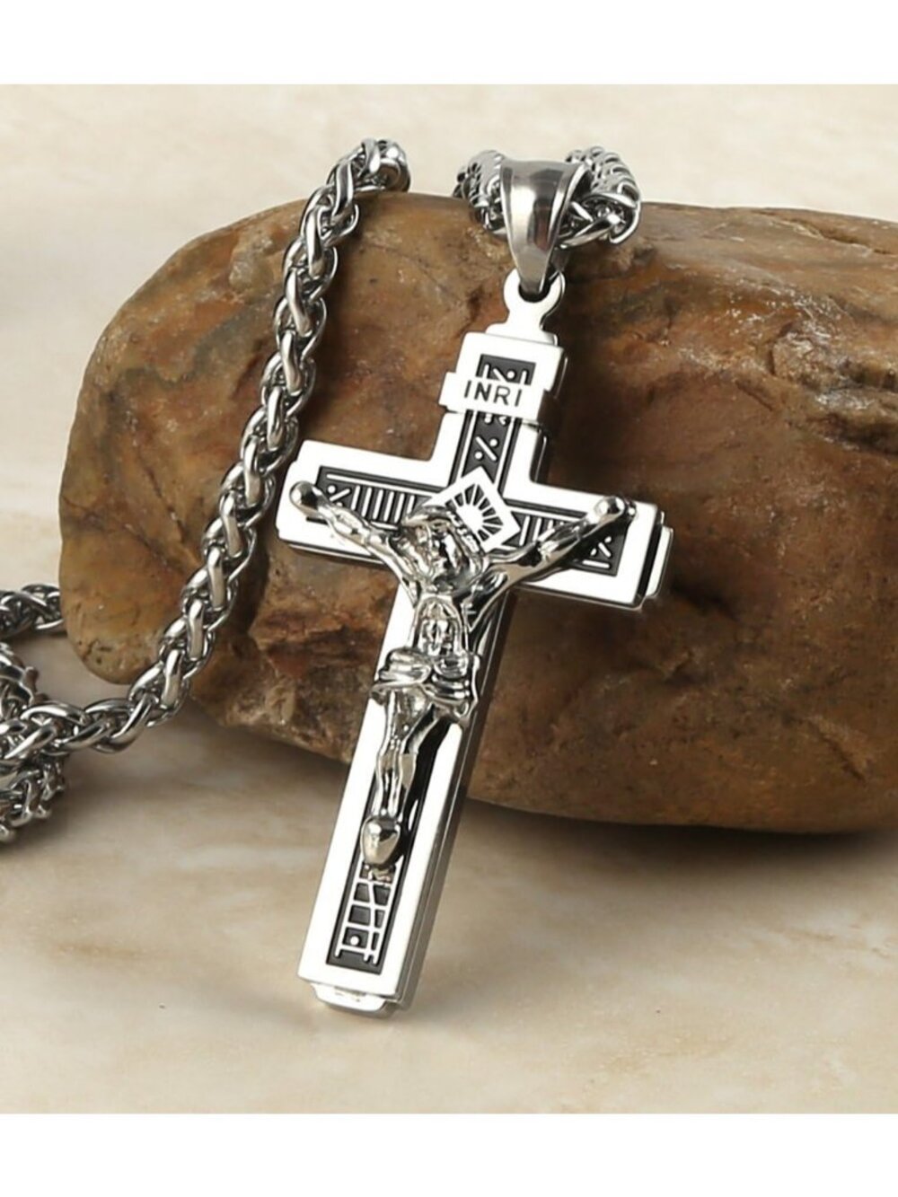 Men's Silver Stainless Steel Religious Catholic Christ Crucifix Cross Pendant - Picture 5 of 6